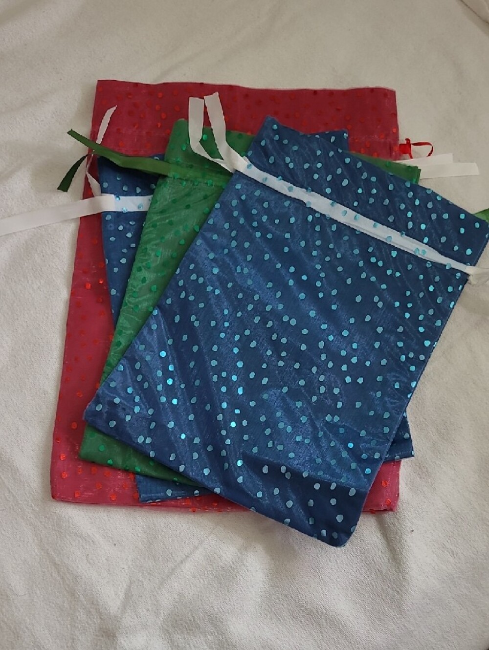 Reusable Amazon Gift Bags - Dots Sheer Drawstring Red Green Blue